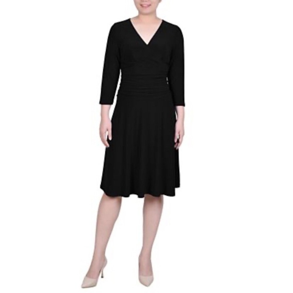 Charter Club Womens Black Faux Wrap V-Neck 3/4 Sleeve A-Line Jersey Dress Size M